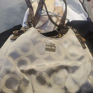 Coach White and Brown Shoulder Bag with Signature Monogram